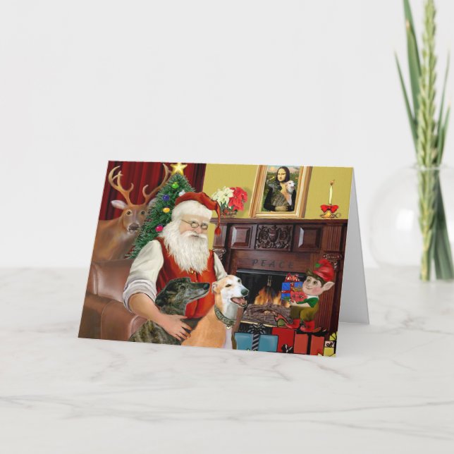 Cartes Pour Fêtes Annuelles Père Noël à la maison Greyhounds (deux) (Devant)