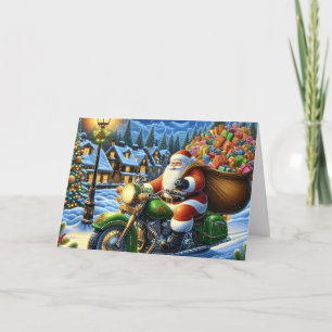 Cartes Pour Fêtes Annuelles Père Noël à moto verte livrant des colis