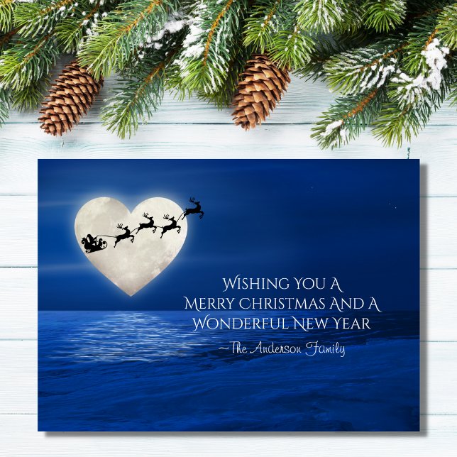 Cartes Pour Fêtes Annuelles Père Noël and Heart Pleine lune Beach Noël (Créateur téléchargé)