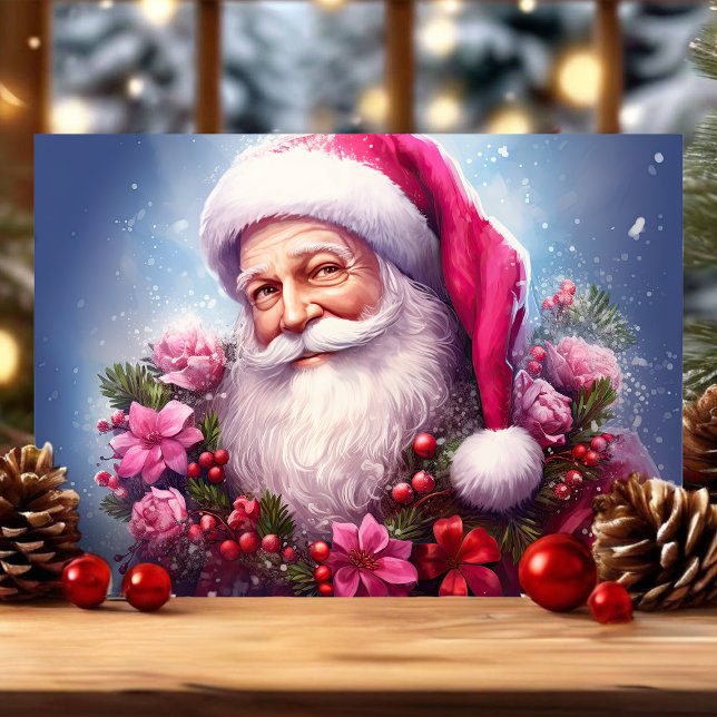 Cartes Pour Fêtes Annuelles Père Noël aux fleurs roses Noël (Créateur téléchargé)