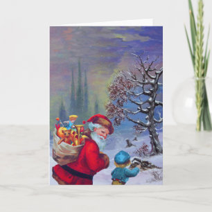 CARTES POUR FÊTES ANNUELLES PÈRE NOËL AVEC ENFANT DANS LA NEIGE D'HIVER