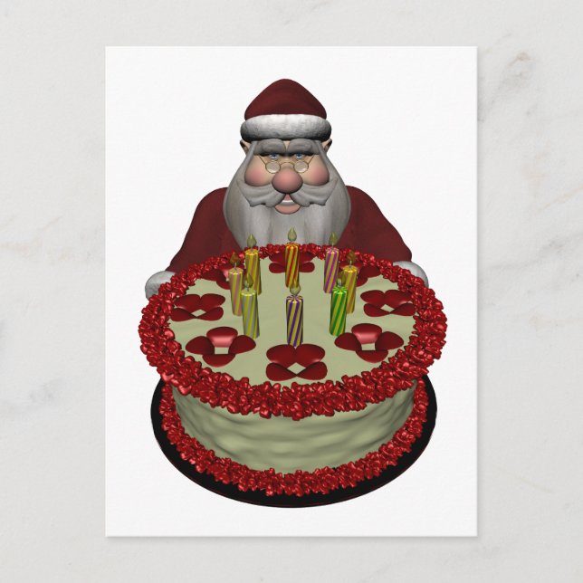 Cartes Pour Fêtes Annuelles Père Noël Avec Gâteau D'Anniversaire (Devant)