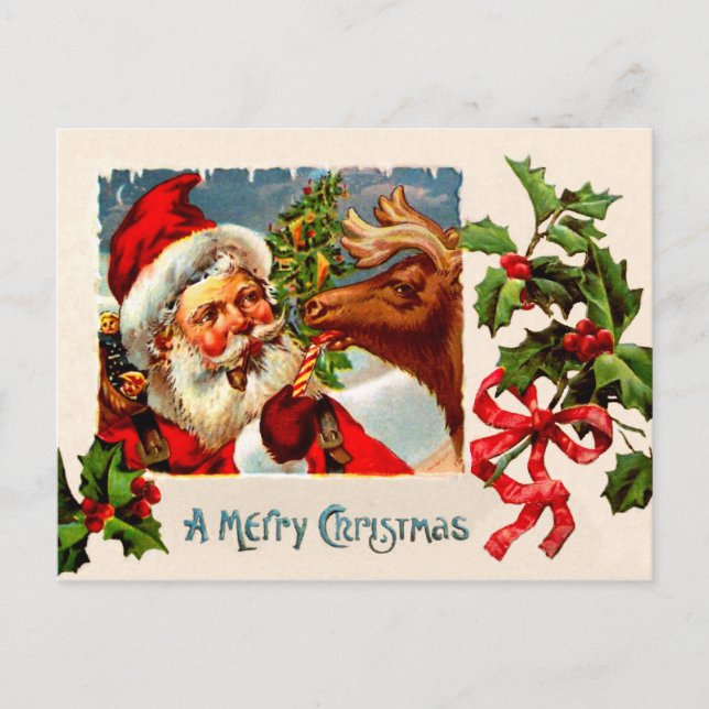 Cartes Pour Fêtes Annuelles Père Noël avec rennes (Devant)
