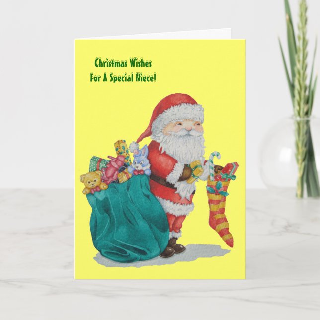Cartes Pour Fêtes Annuelles père Noël avec sac vert prêt pour Noël (Devant)