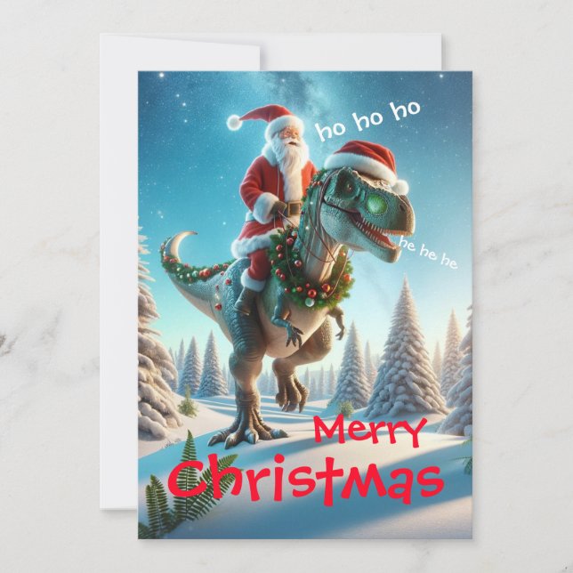 Cartes Pour Fêtes Annuelles Père Noël chevauchant un dinosaure (Devant)