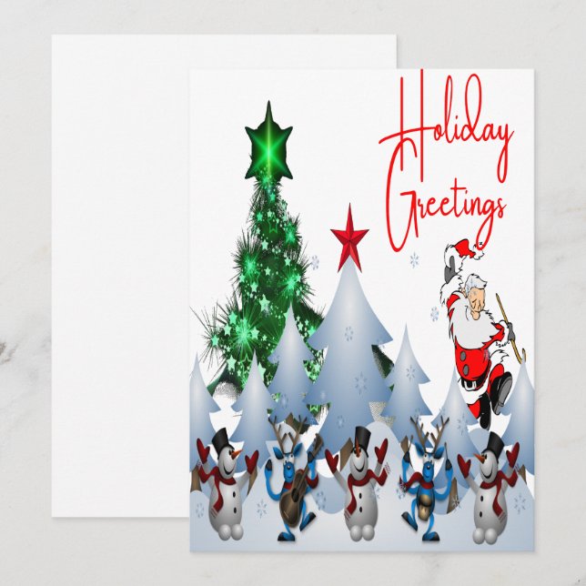 Cartes Pour Fêtes Annuelles Père Noël classique dansant et rennes (Devant / Derrière)