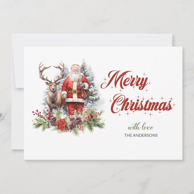 Cartes Pour Fêtes Annuelles Père Noël classique tendance avec rennes et saint (Devant)