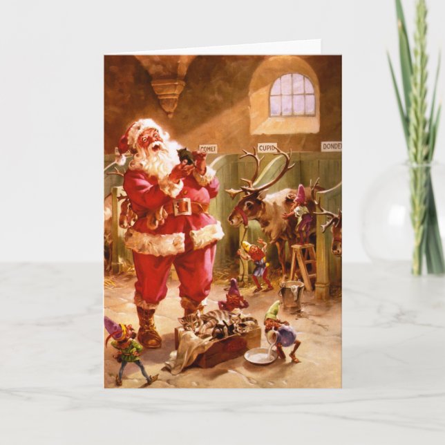 Cartes Pour Fêtes Annuelles Père Noël dans la grange de renne (Devant)