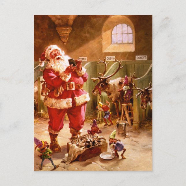 Cartes Pour Fêtes Annuelles Père Noël dans la grange Reindeer (Devant)