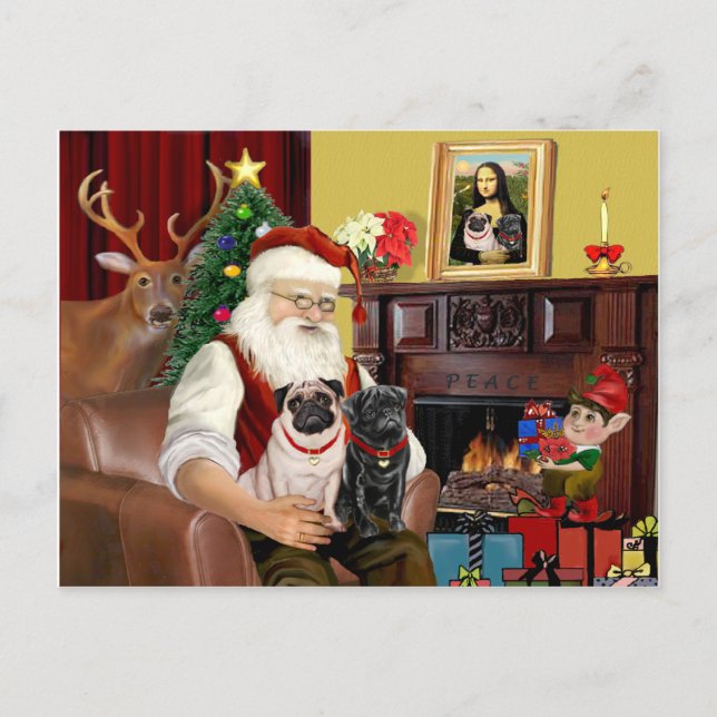 Cartes Pour Fêtes Annuelles Père Noël de 2 Carlins (fawn + noir) (Devant)