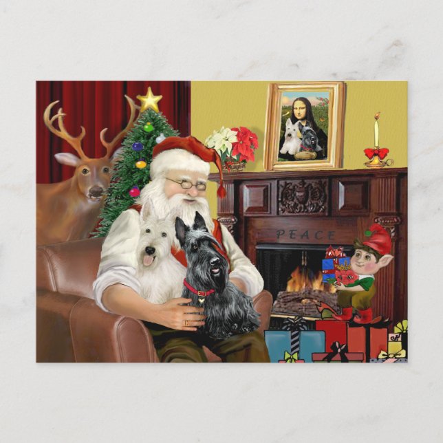 Cartes Pour Fêtes Annuelles Père Noël de 2 Terriers écossais (Devant)