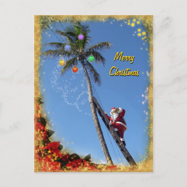 Cartes Pour Fêtes Annuelles Père Noël décorant un palmier (Devant)