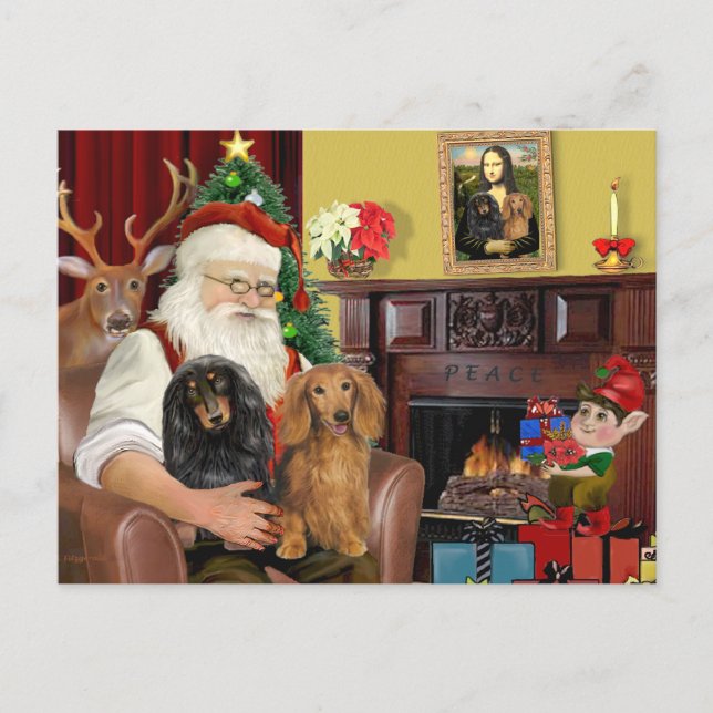 Cartes Pour Fêtes Annuelles Père Noël : Deux longs Dachshunds Haïrés (Devant)