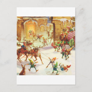 CARTES POUR FÊTES ANNUELLES PÈRE NOËL ELVES CHARGE SON SOL AVEC DES CADEAUX