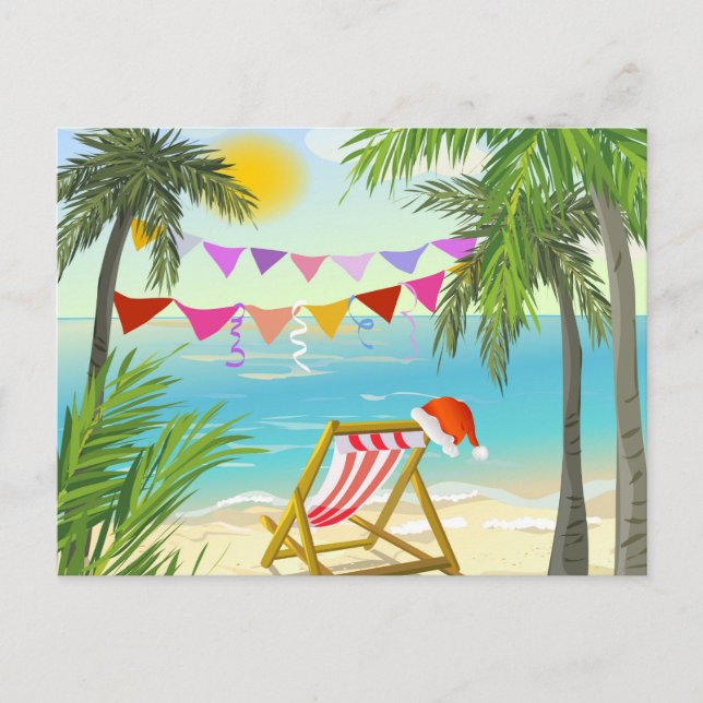 Cartes Pour Fêtes Annuelles Père Noël en vacances, Noël de plage, été (Devant)