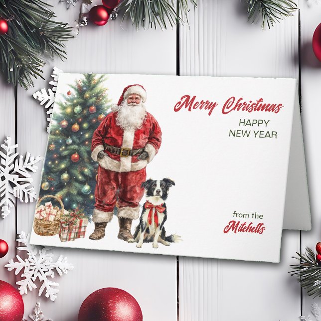 Cartes Pour Fêtes Annuelles Père Noël et frontière Collie Chien Noël (Créateur téléchargé)