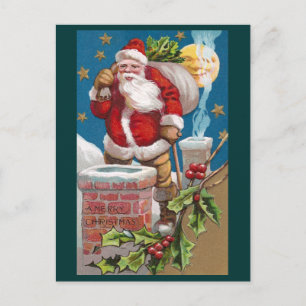 Cartes Pour Fêtes Annuelles père Noël et l'homme dans la lune Noël vintage