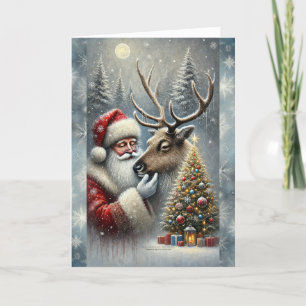 Cartes Pour Fêtes Annuelles Père Noël et Renne, Forêt enneigée, Sapin de Noël