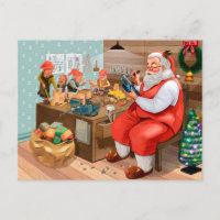 Père Noël et ses elfes dans l'atelier