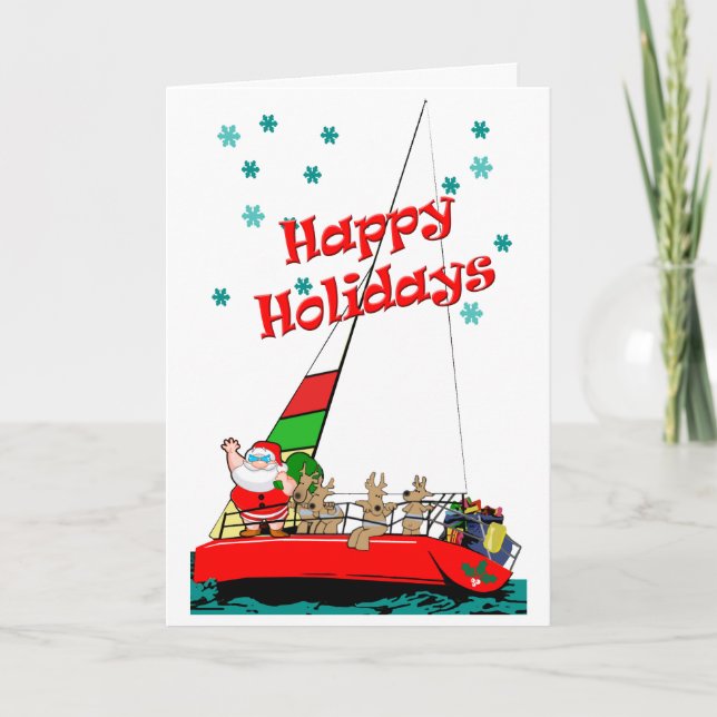 Cartes Pour Fêtes Annuelles Père Noël et ses rennes naviguent à Noël (Devant)