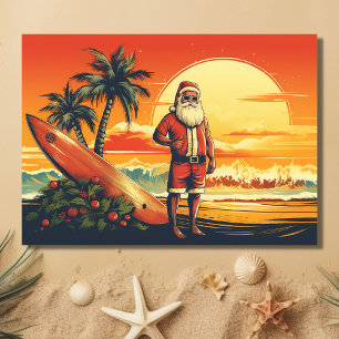 Cartes Pour Fêtes Annuelles Père Noël et Surfboard Retro Surfing Beach Noël