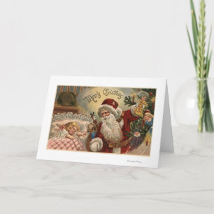 Cartes Pour Fêtes Annuelles Père Noël Holding Doll, Dormir Girl