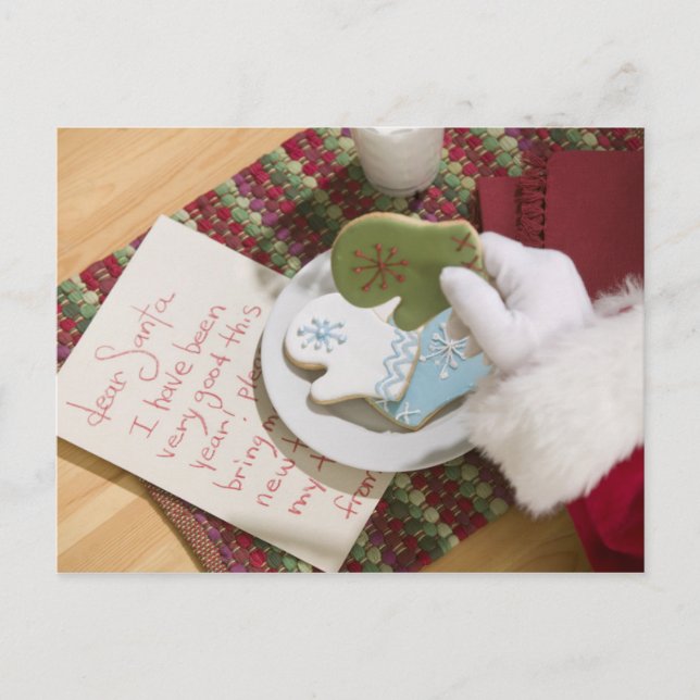 Cartes Pour Fêtes Annuelles Père Noël main avec les cookies et note (Devant)