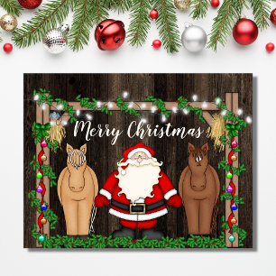 Cartes Pour Fêtes Annuelles Père Noël mignonne et Chevaux en Grange Joyeux Noë