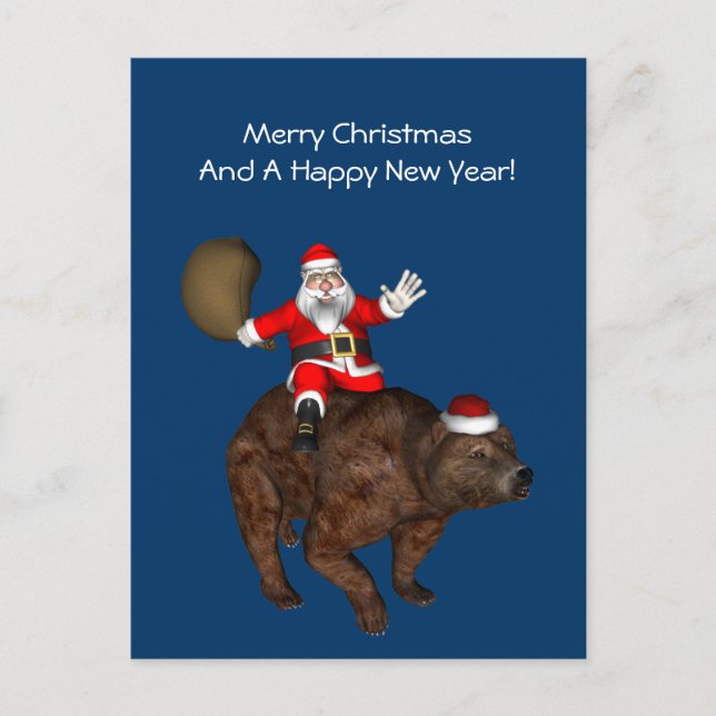 Cartes Pour Fêtes Annuelles Père Noël Monte Un Ours (Devant)