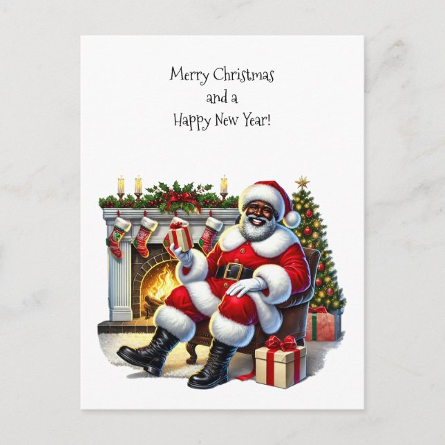 Cartes Pour Fêtes Annuelles Père Noël noire avec cheminée, Bas, Arbre (Devant)