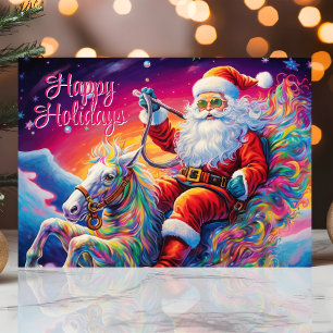 Cartes Pour Fêtes Annuelles Père Noël psychédélique sur Rainbow Horse