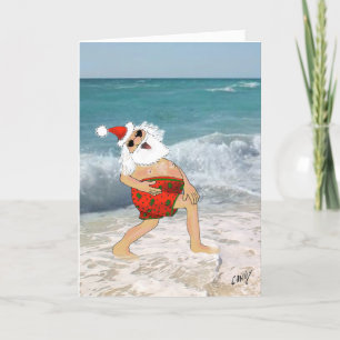 Cartes Pour Fêtes Annuelles Père Noël se baladant sur la plage dans des troncs