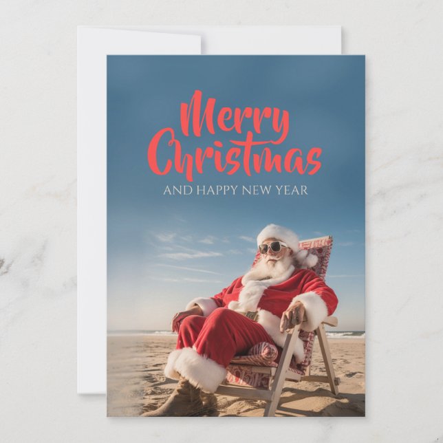 Cartes Pour Fêtes Annuelles Père Noël se détendant sur une chaise de plage (Devant)