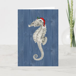 Cartes Pour Fêtes Annuelles Père Noël Seahorse Blue Wood