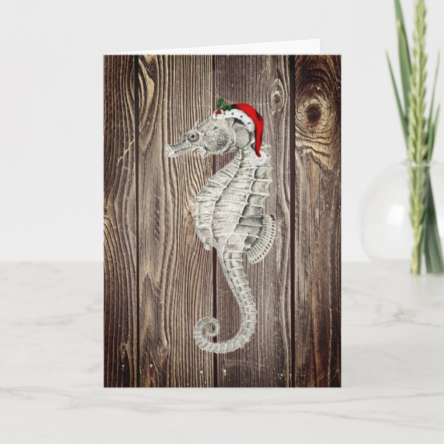 Cartes Pour Fêtes Annuelles Père Noël Seahorse Rustic Wood Christmas Card (Devant)