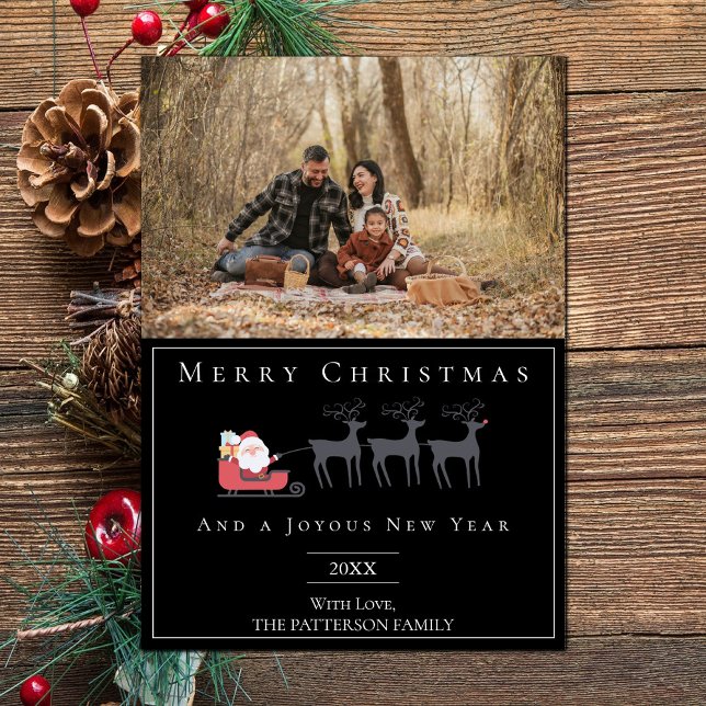 Cartes Pour Fêtes Annuelles Père Noël Sleigh Photo de Noël | Noir (Black Santa's Sleigh Christmas Photo Holiday Card)