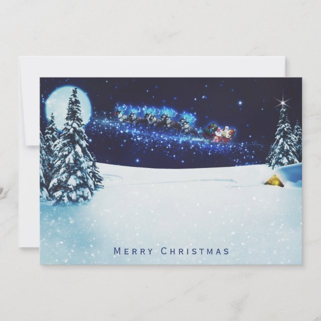 Cartes Pour Fêtes Annuelles Père Noël Sleigh & Reindeer dans le ciel nocturne  (Devant)