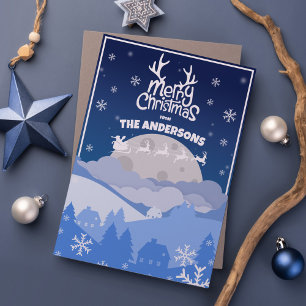 Cartes Pour Fêtes Annuelles Père Noël Sleigh & Reindeer Flying in the Midnight