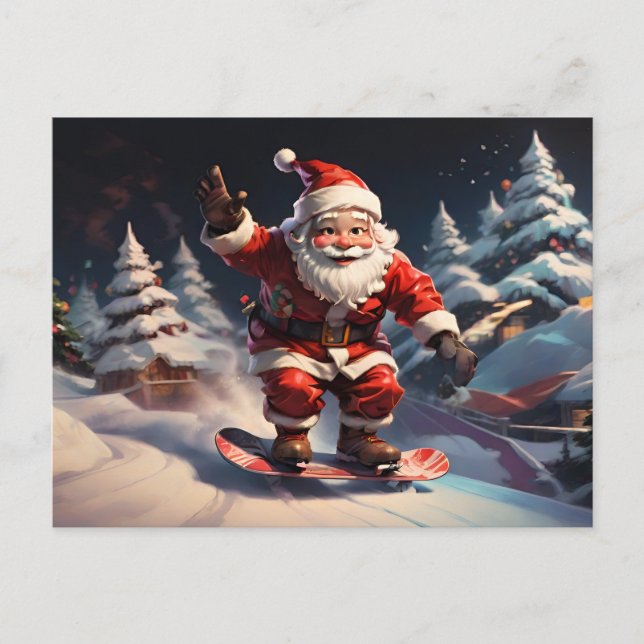 Cartes Pour Fêtes Annuelles Père Noël snowboard en montagne (Devant)