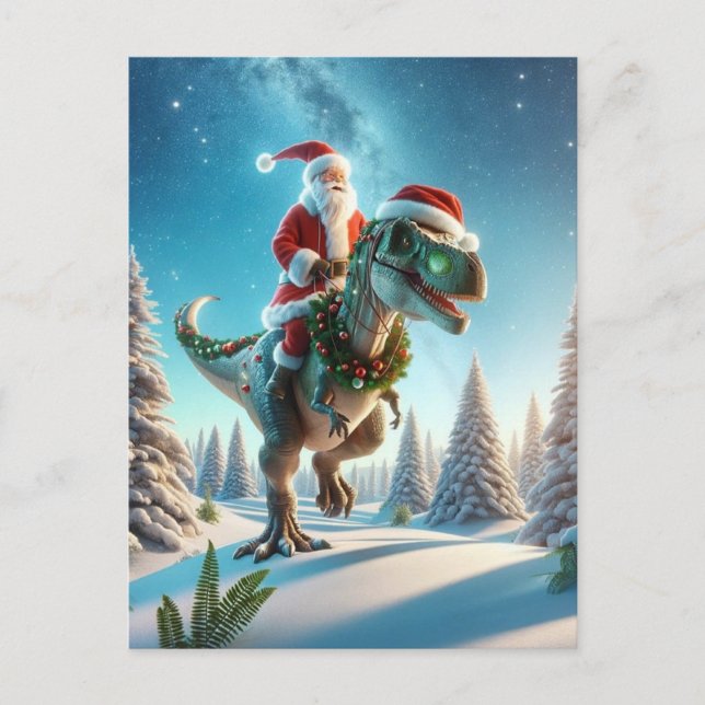 Cartes Pour Fêtes Annuelles Père Noël sur un dinosaure, Noël (Devant)