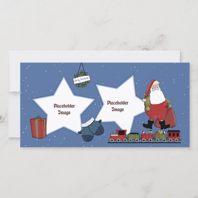 Cartes Pour Fêtes Annuelles Père Noël, train, cadeau et couronne de Noël (Devant)