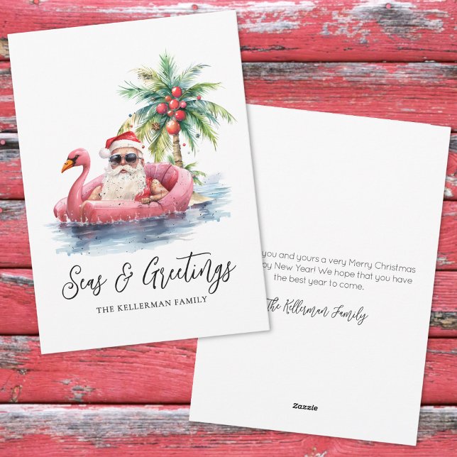 Cartes Pour Fêtes Annuelles Père Noël Tropical Beach Joyeuses Fêtes de Noël (Santa Tropical Beach Christmas Seasons Greetings Holiday Card)