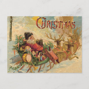 Cartes Pour Fêtes Annuelles Père Noël vintage dans son traîneau à rennes