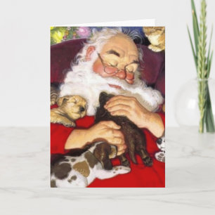 Cartes Pour Fêtes Annuelles Père Noël vintage Dormir Avec Des Chiots