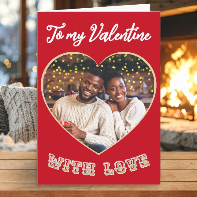 Cartes Pour Fêtes Annuelles Personalized Photo Romantic Heart Valentine’s Day (A classic Valentine's card in red with custom photo in a heart shaped frame and decorative text)