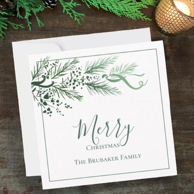 Cartes Pour Fêtes Annuelles Personnalisé Moderne Simple Unique Joyeux Noël (Personalize this elegant modern pine and berry green on white Christmas greeting card.)