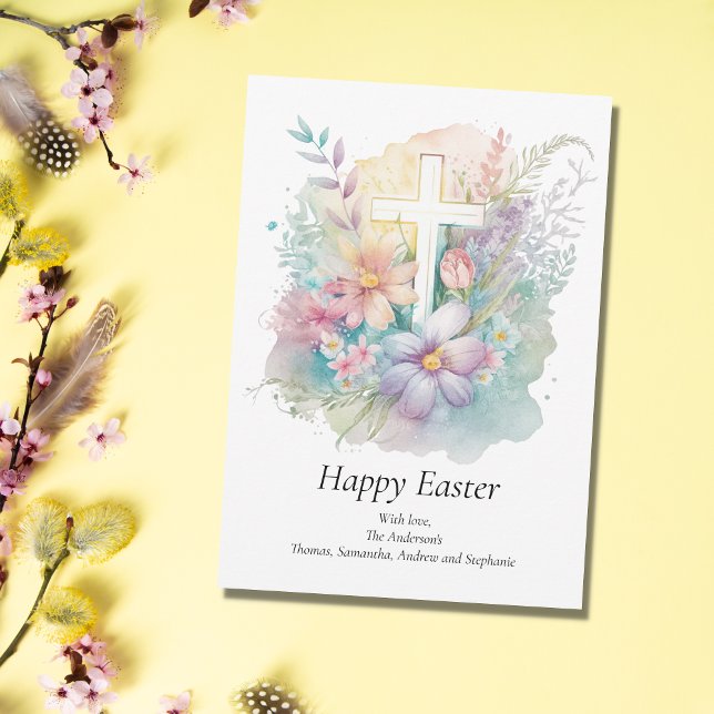 Cartes Pour Fêtes Annuelles Personnaliser Cross Floral Pastel Religieux Pâques (Créateur téléchargé)