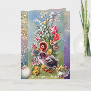 CARTES POUR FÊTES ANNUELLES PETIT CANARD, POULET, OEUFS DE PÂQUES AUX FLEURS