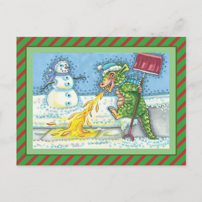 CARTES POUR FÊTES ANNUELLES PETIT DRAGON MELTING & SHOVELING NEIGE, FUNNY CUTE (Devant)