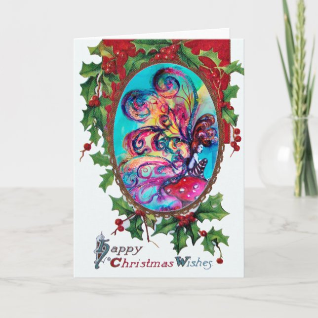 Cartes Pour Fêtes Annuelles Petit Elfe de Champignons, Joyeux voeux de Noël (Devant)